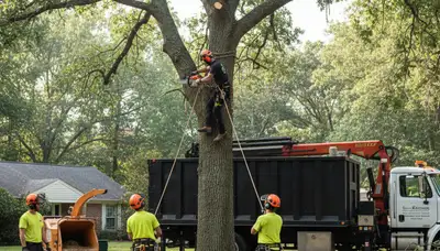 Emergency tree service crew in Allen, TX removing storm-damaged tree debris