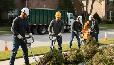 Tree service crew removing shrubs in Allen, TX for safe, efficient yard clearing