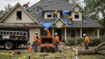 Storm damage cleanup crew removing fallen tree limbs in Allen, TX