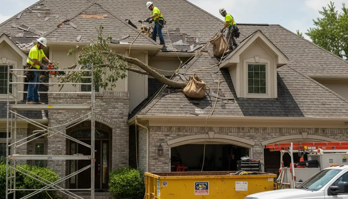 Storm damage cleanup crew removing fallen trees in Allen, TX for safe yard recovery