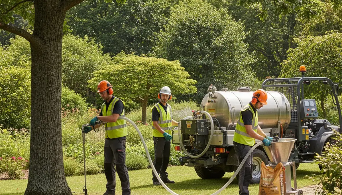 Tree service technician fertilizing healthy trees in Allen, TX